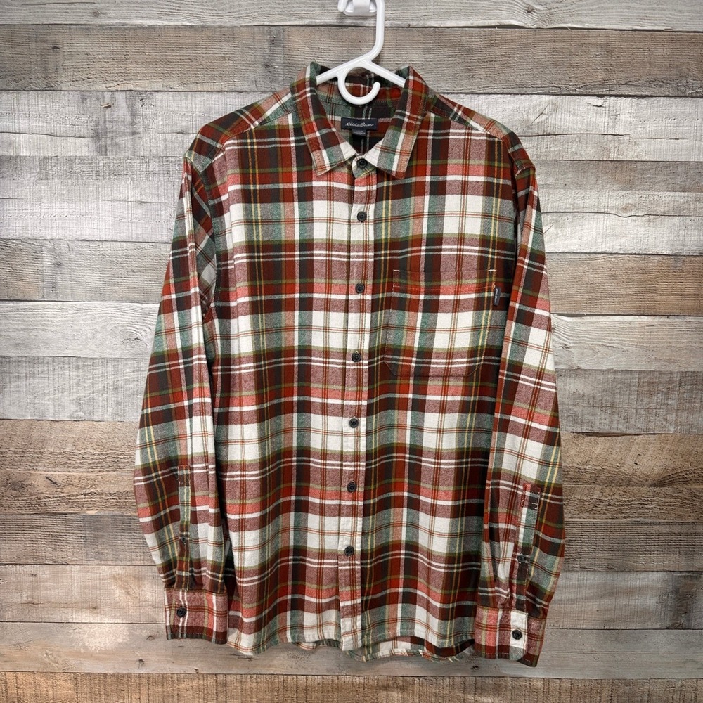 Eddie Bauer Mens Large Plaid Flannel Shirt Rust Green Cotton Button Down